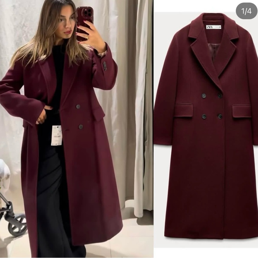 Zara Burgundy Double-Breasted Trench Coat - Picture 10 of 13